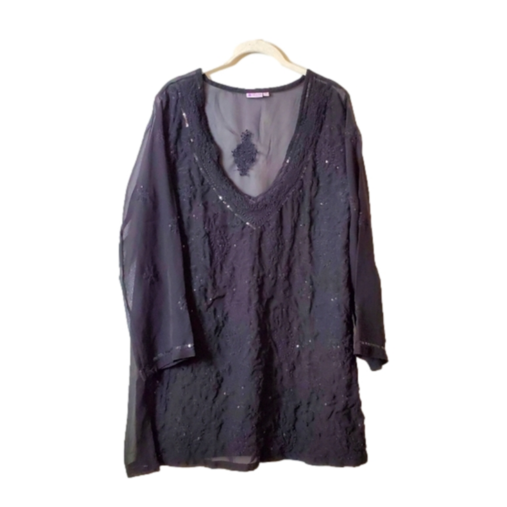 Sevya Black Sheer Embroidered Sequin Handmade Blouse Top
